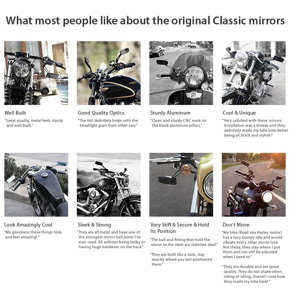 KiWAV chrome mirrors ClassicPlus with clips for 7/8" 22mm handlebars mount