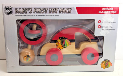NEW! NHL Chicago Blackhawks Baby's First Toy Pack Wooden Rattle & Push Toy