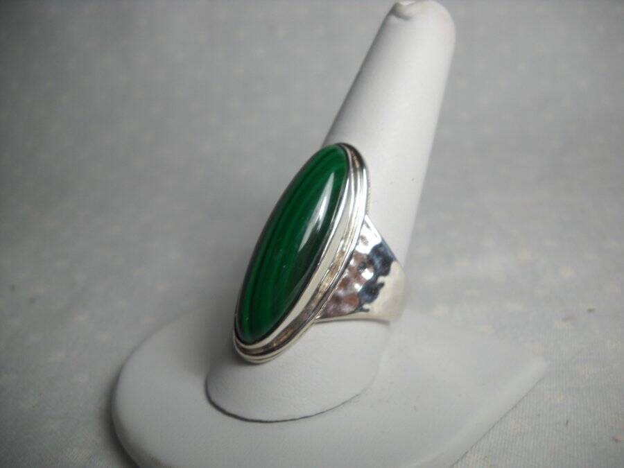 Sterling Silver Large Malachite Ring Hammered Met… - image 4