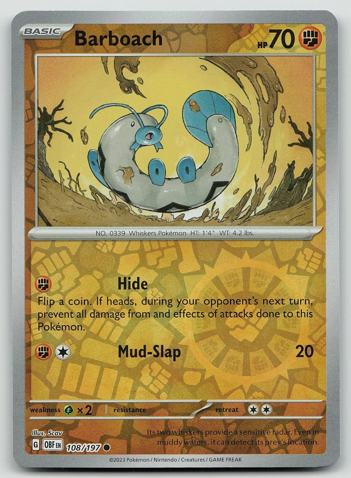 Pokemon Barboach 108/197 Obsidian Flames Common Reverse Holo NM