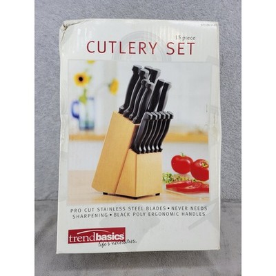 Trend Basics 15 Piece Cutlery Set Stainless Steel Knives Wood Block 1997 Vintage