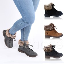 WOMENS FAUX FUR GRIP SOLE SNOW WINTER WARM ANKLE BOOTS LADIES SHOES SIZE 3-8