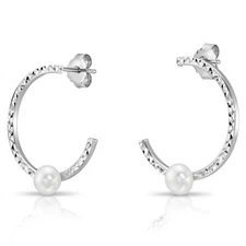 925 Solid Sterling Silver Freshwater Pearl Diamond-Cut Large Hoops Earrings