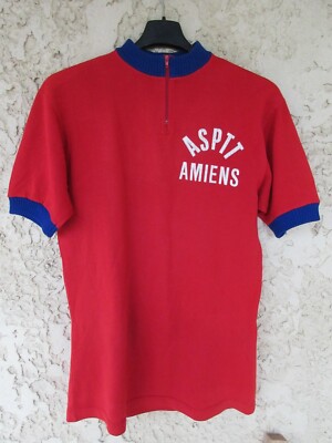 Maillot Cycliste Vintage ASPTT AMIENS – Années 70 – Rouge, Taille L, Made In France