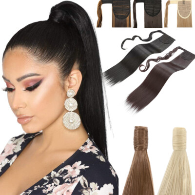 23 in Straight Wrap Around Clip In Ponytail Synthetic Hair Extensions for Women