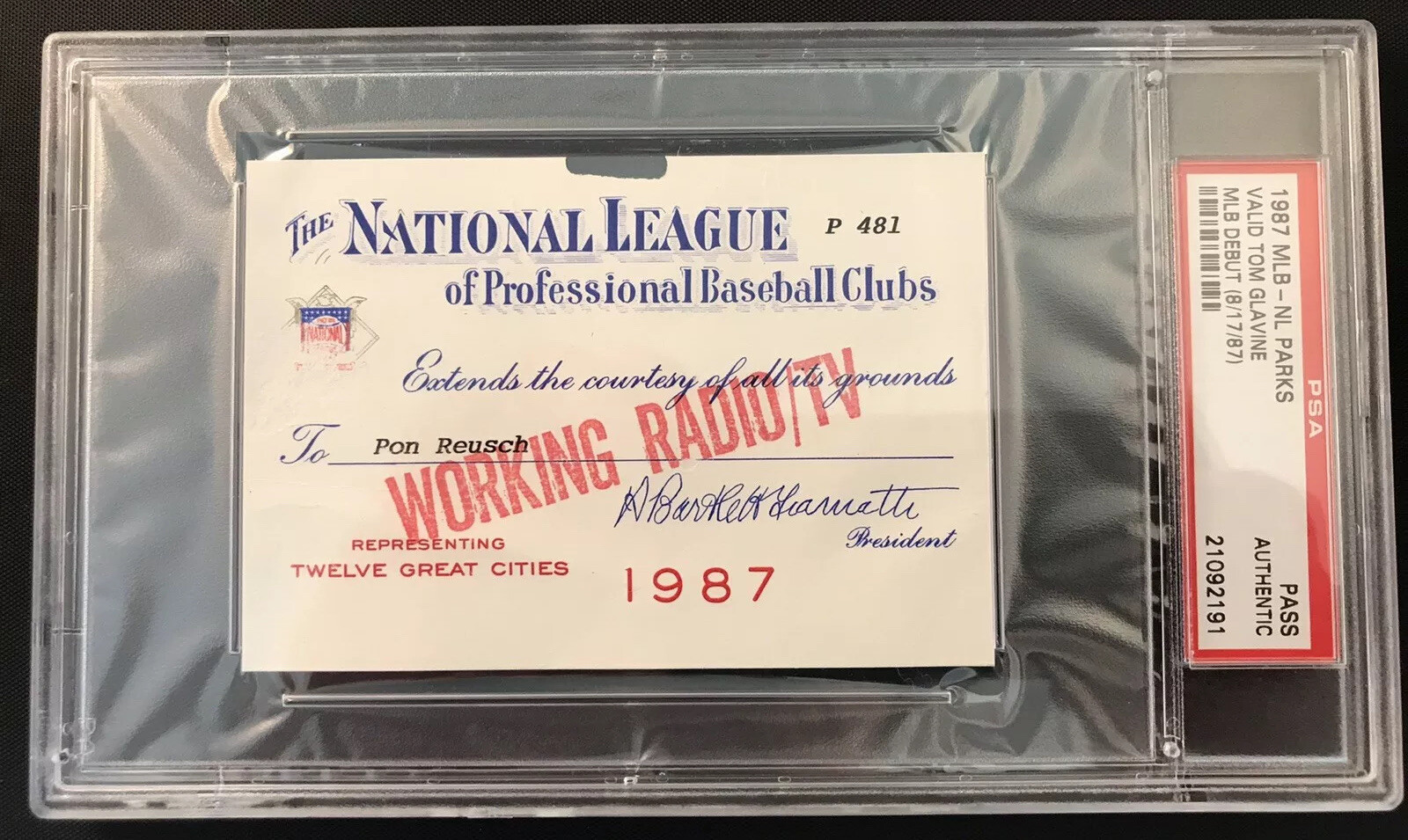 1987 Mike Schmidt 500 HRNL PSA Pass Ticket Tom Glavine Debut/First K/ Phillies.