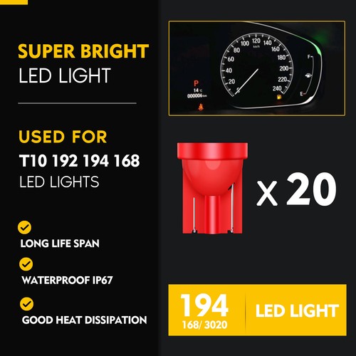 20 Bombillas LED T10 158 2825 168 194 Rojas Para Interior, Cuadro, Matrícula Y Maletero