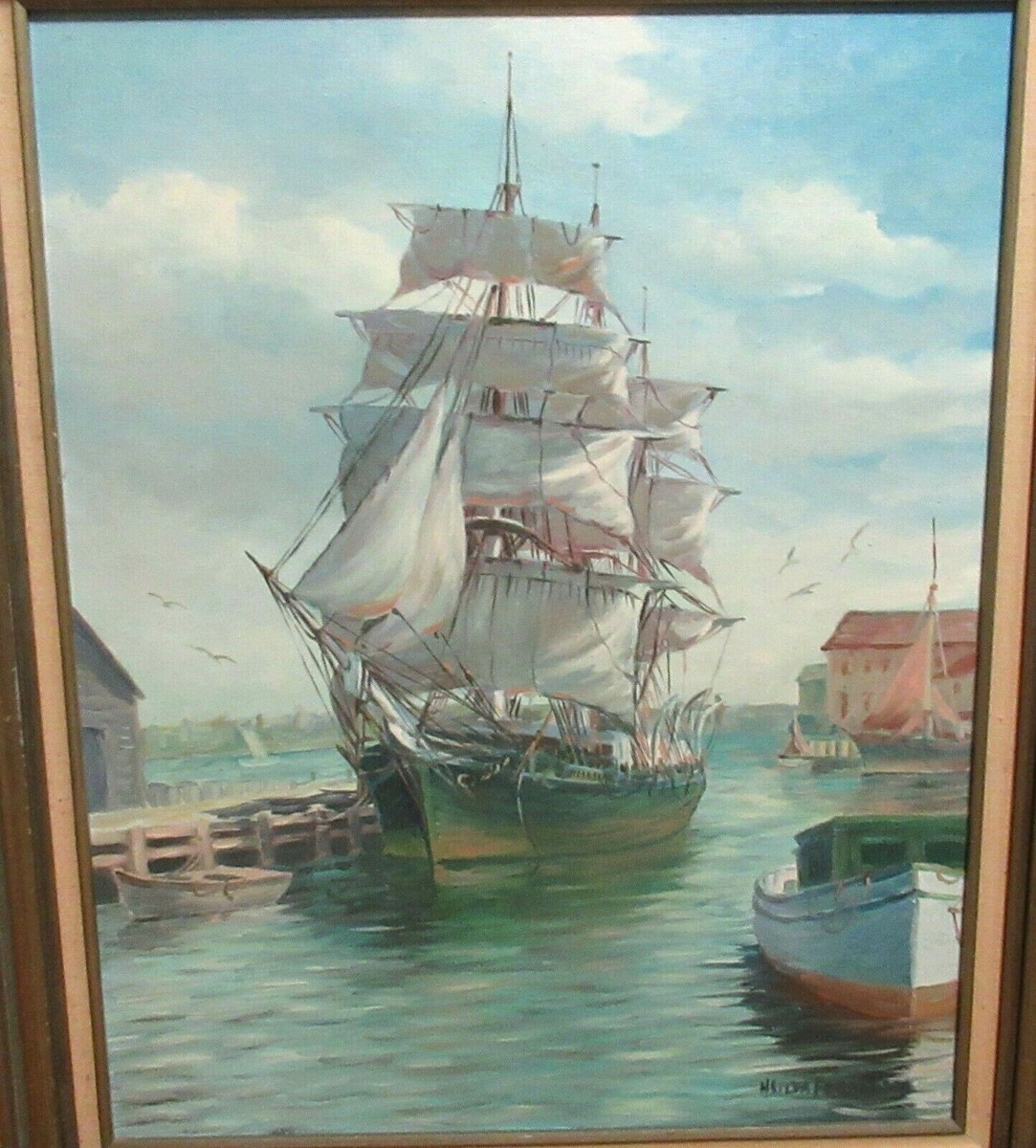 H SILVA FERNANDEZ CLIPPER SHIP AT DOCK ORIGINAL OIL ON