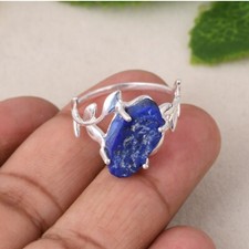 Olive Leaf Bypass Band Ring With Rough Lapis Lazuli Sterling Silver Jewelry