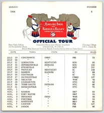 1954 Ringling Bros Barnum Bailey Circus Route Card Cincinnati Lexington Marion