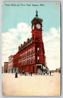 Saginaw MI~Tower Block & Town Clock~Statue On Top~Bldg Torn Down 1963~1910 PC