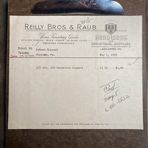 Vintage Bill Of Sale From Reilly Bros & Raub Hardware Lancaster Pa 1958