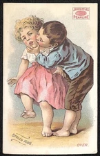 James Pyle's Pearline Victorian Trade Card "Stolen Kiss" Boy Kisses Girl
