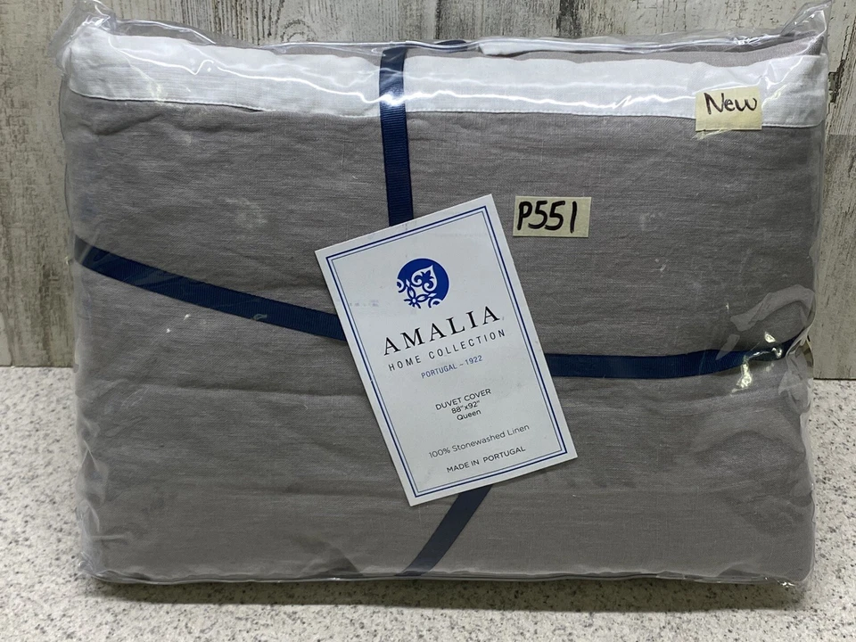 Amalia Stonewashed Linen Queen Duvet Cover Grey / White $635 New - Image 2 of 4