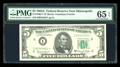 DBR 1963-A $5 FRN Minneapolis STAR Gem Fr. 1968-I* PMG 65 EPQ Serial I00343481* - Image 1 of 2