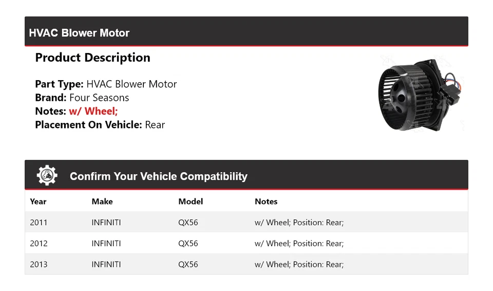 适用于 2011 - 2013 年 INFINITI QX56 HVAC 吹风机电机后四季 2012 — 第 2/4 张图片
