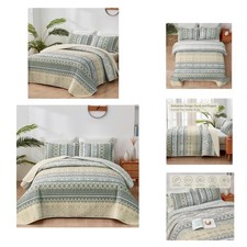 Boho Quilt Set Queen Size Beige 3 Pieces Striped Bedspread Coverlet Set, Bohe...