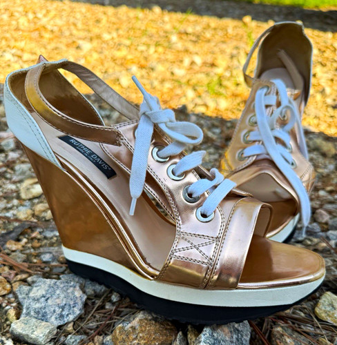 Rare Ruthie Davis Women’s Lace-Up Wedge Sandals Ankle Strap Leather Gold/White 7