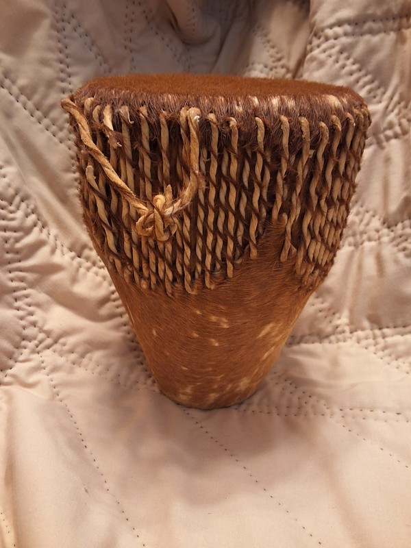 Vintage African Drum , DJembe Animal Skin, Rope, Rattle,  Small