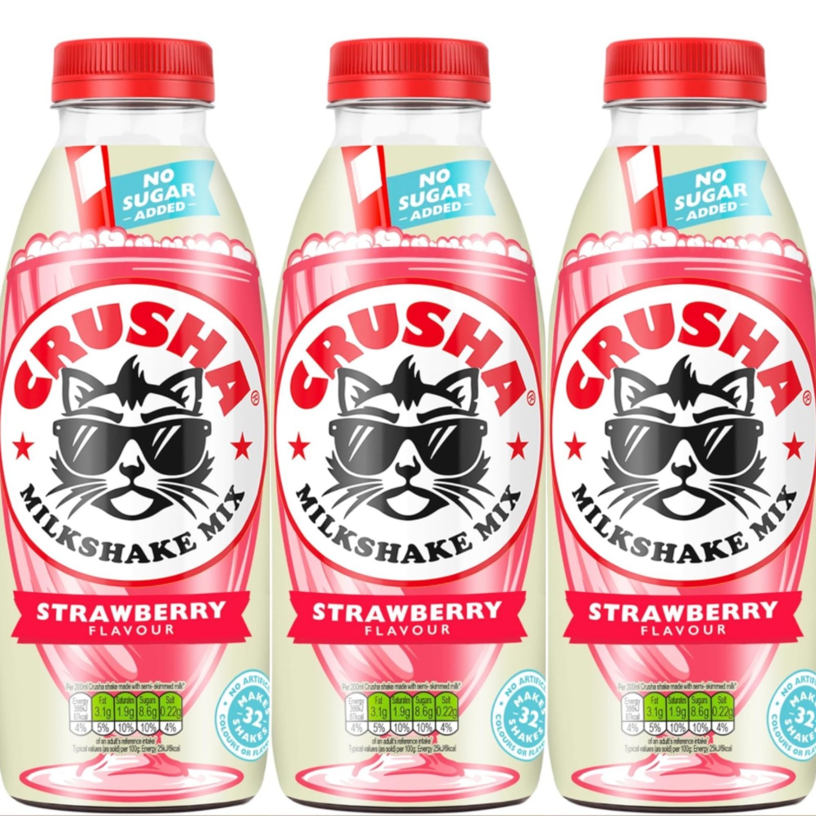 BBE 05/2026 Crusha Strawberry No Added Sugar Milkshake Mix 3 x 1L Bottles