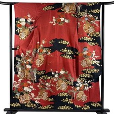 Woman Japanese Kimono Furisode Silk Flower cart Gold foil Red 157.5cm