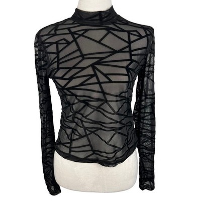 YMI Black Mesh Velvet Top Medium Geometric Mock Neck Whimsigoth Fairy Gothic