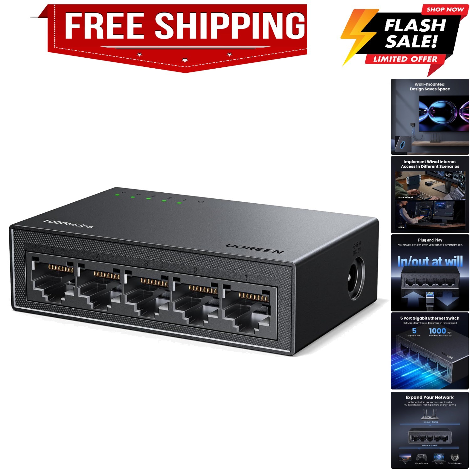 Ethernet Switch, 5 Port Gigabit Ethernet Splitter, Plug & Play, Wall Mount & ...