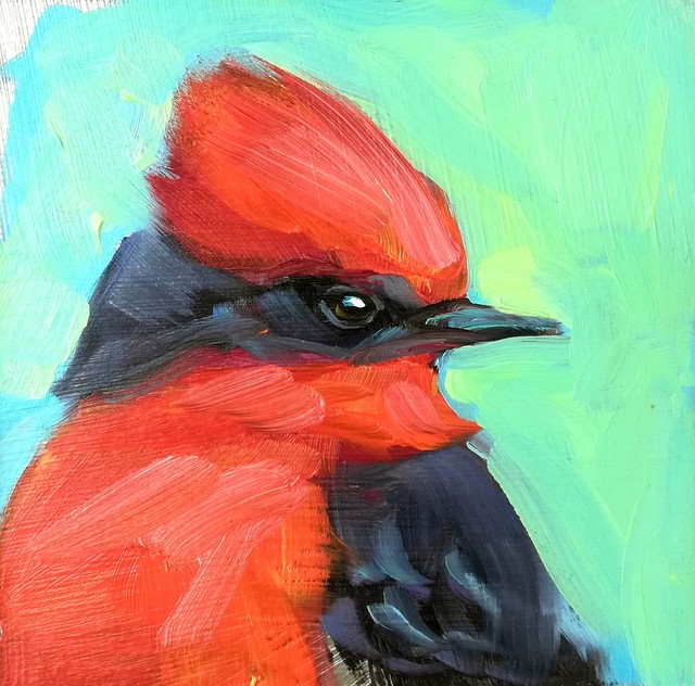 Original Oil Painting Red Bird Art Impressionist Wildlife Gift 4x4"
