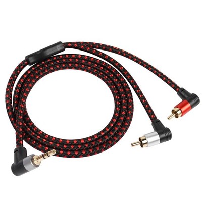 3 FT 90 Degree Right Angle 3.5mm To 2 RCA Male TRS Stereo Y Splitter Cable