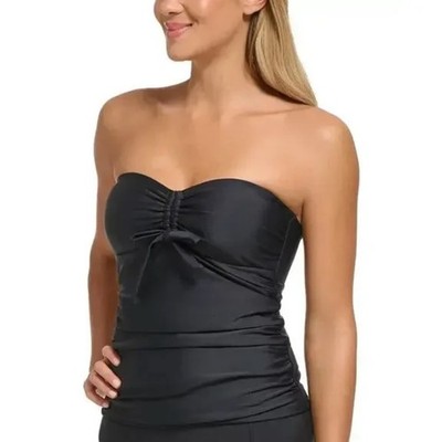 NWT DKNY Strapless Bandeau Ruched Tankini Swim Top Black Padded UPF 50+ Size S