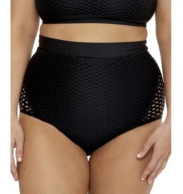 Becca Etc Women's Castaway Textured High Waist Bikini Bottoms, Black, 1X (16-18)