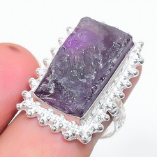 Natural Rough Purple Amethyst Gemstone 925 Sterling Silver Jewelry Ring Sz 8 US 