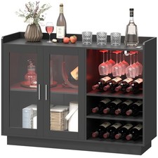 HOMCOM Mobiletto per Vini con Luce LED e Scaffale Regolabile in Legno Nero