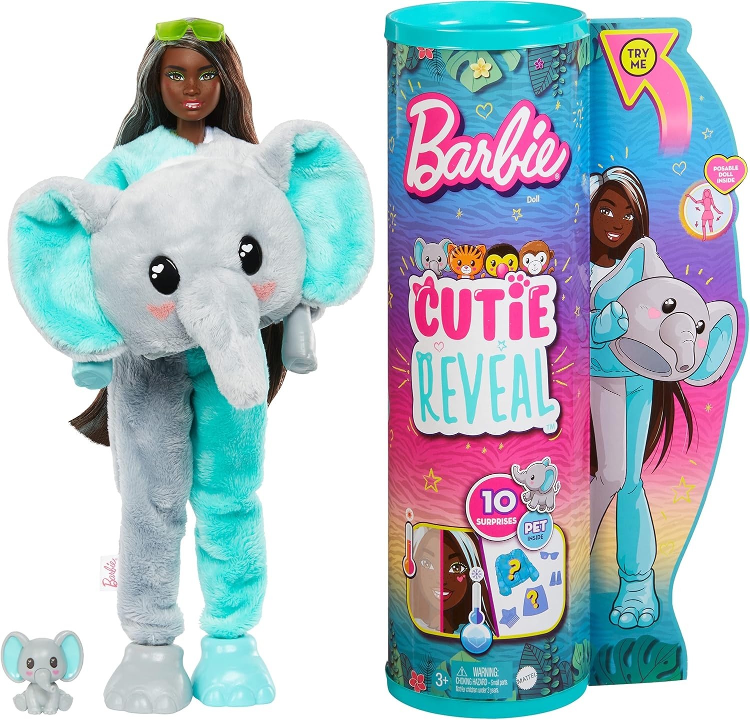 Barbie Cutie Reveal Fashion Doll Jungle Series Elephant Plush Costume Mattel