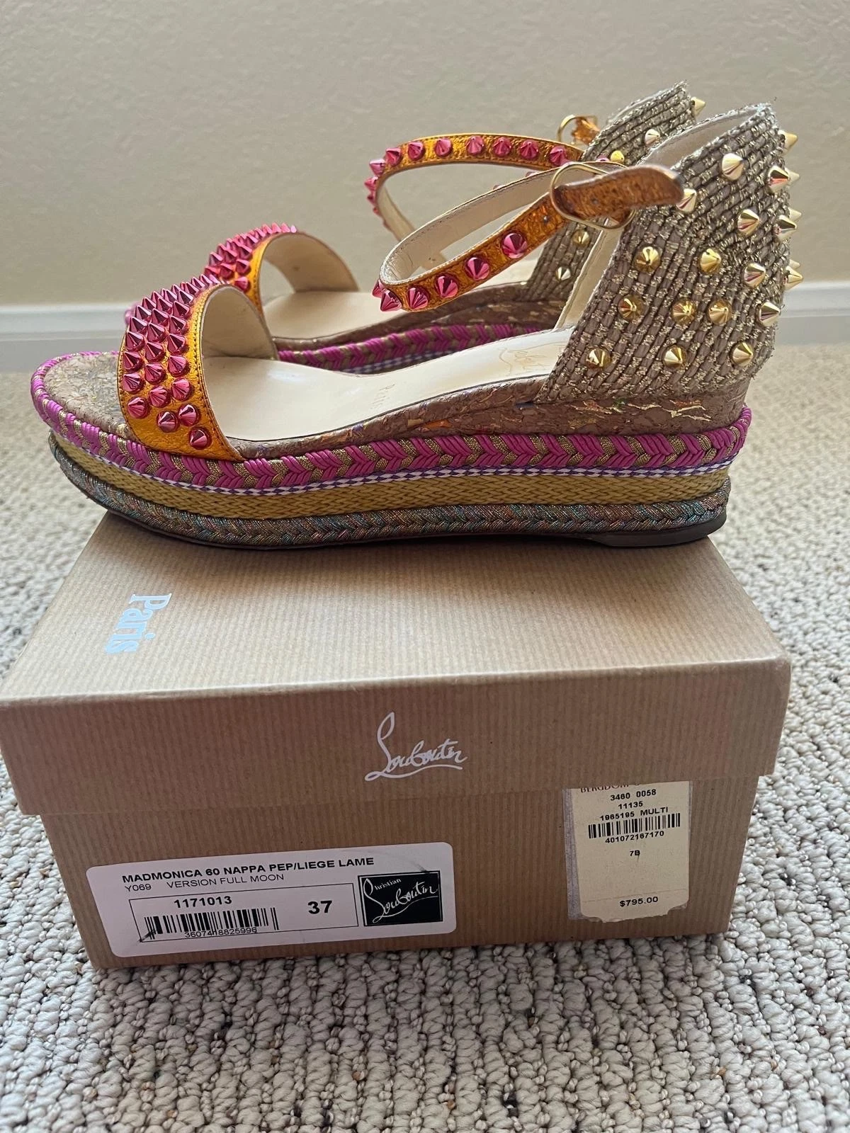 Christian Louboutin — Christian Louboutin Madmonica 60 Nappa Pepliege Lamé Wedge Sandals Sz 7/37