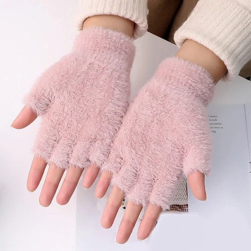 Womter Warm Half Finger Gloves,Fluffy Plush Fingerless Flip Gloves Flap Cover - Picture 10 of 29