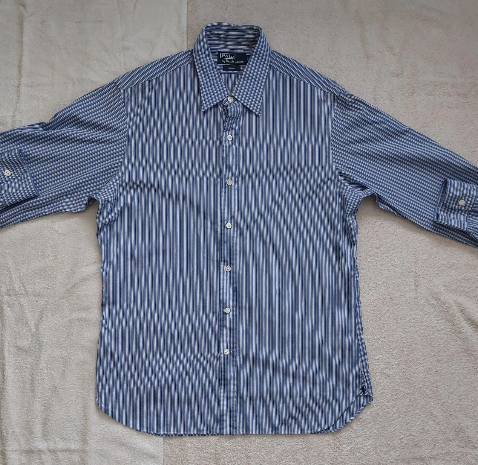 Ralph Lauren Men Shirt Blue Striped Size 16 40 41 Polo Long Sleeve Casual Formal