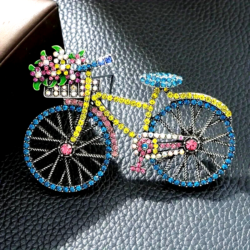 Vintage Blue Bicycle Brooch Pin Inlaid Shiny Rhinestone Women Men Unique Gift