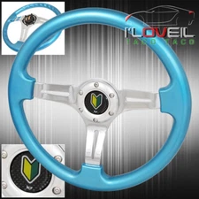 Metallic Sky Blue 350mm 3 Spokes Streak Hole Steering Wheel Newbie Leaf Horn