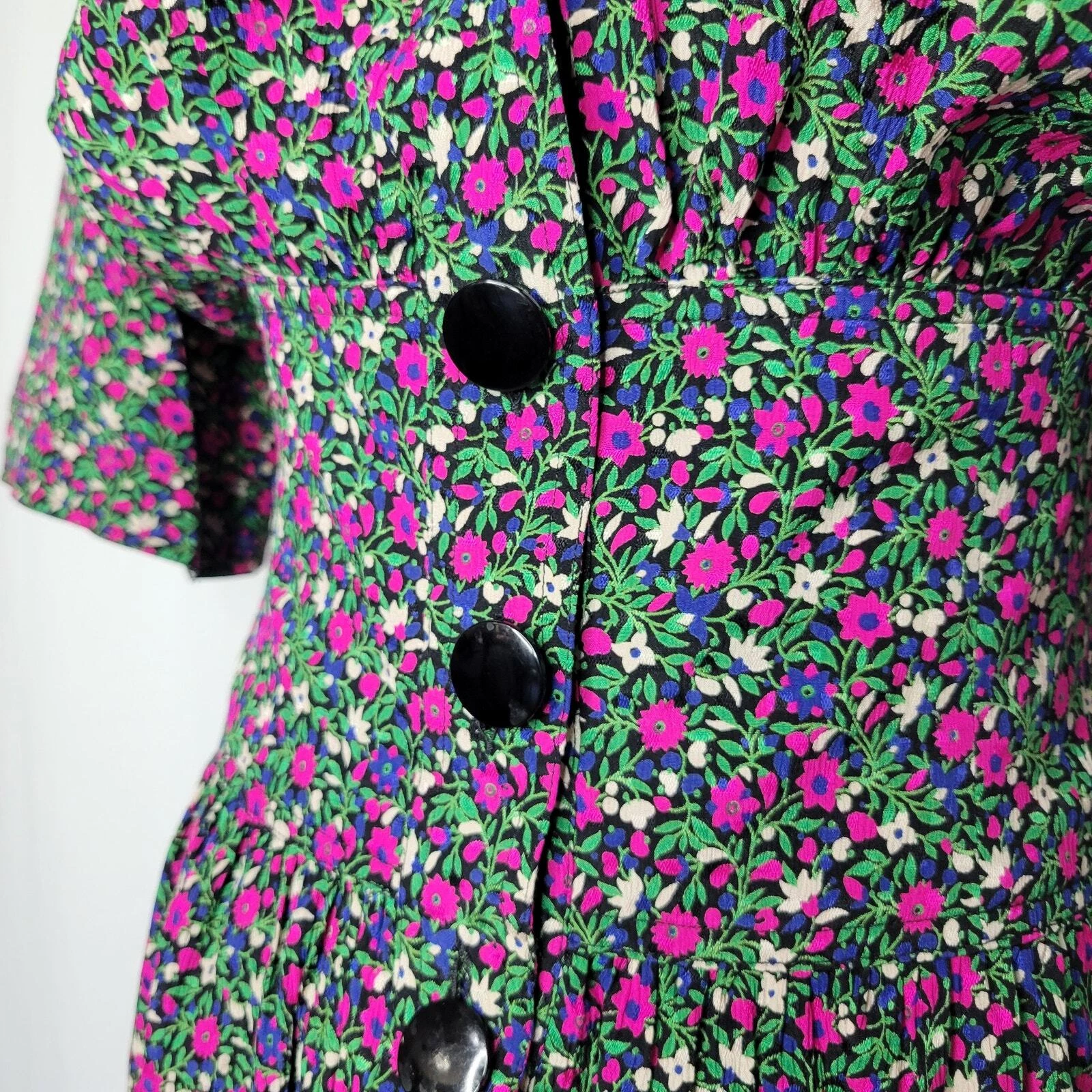 Abito vintage Valentino taglia 6 100% seta stampa floreale abbottonato Italia anni '80