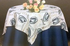FABRIC TABLE TOPPER SET Tablecloth 70" ROUND 4-6 ppl COFFEE TYPES, blue by BH