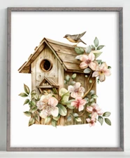 Bird Wall Art Print, Bird House and Flowers Print, Wall Art Decor Print #65