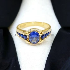 Blue Sapphire With 925 Sterling Silver Gold Plated Ring For Men's #AL399