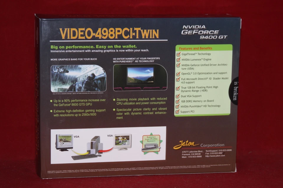Jaton Nvidia GeForce 9400 GT, 1GB DDR2, Video-498PCI-TWIN, PCI Graphics Card - Image 2 of 4
