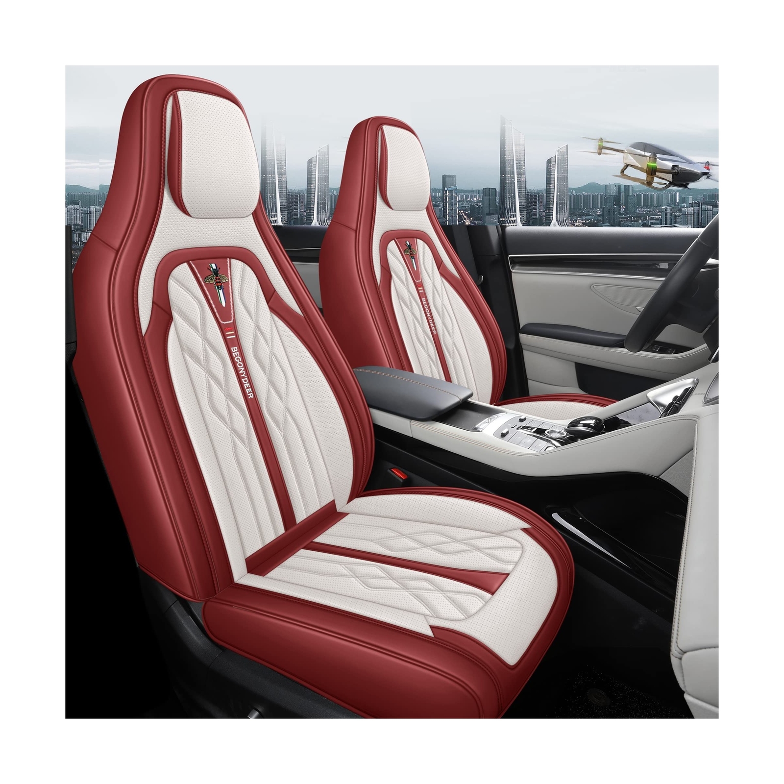 Wine Red and White Car Seat Cover Luxury Leather Seat Covers11Pcs Universal S...