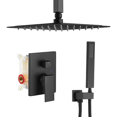 16''Matte Black Bathroom Faucet Luxury Shower Faucet W/Sprayer Ceiling Mounted