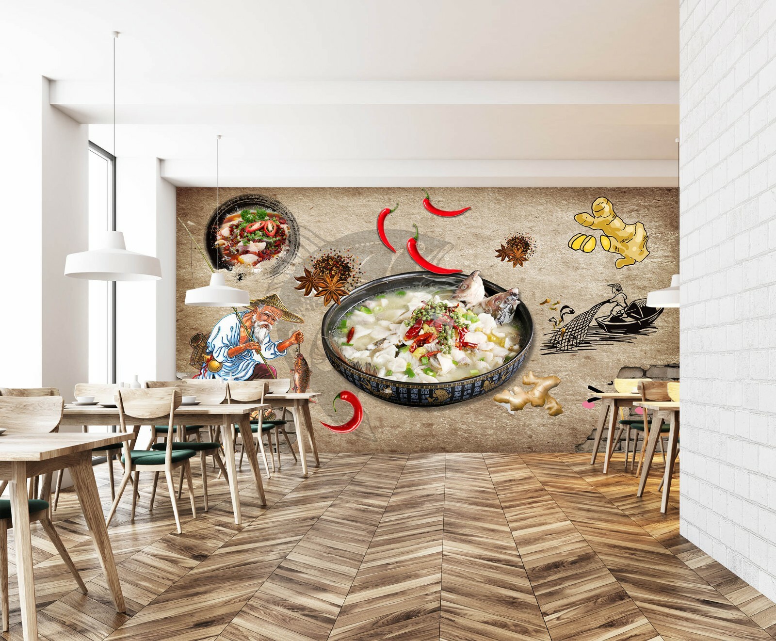 3D Fish Hotpot A926 Business Wallpaper Wall Mural Self-adhesive Commerce Amy