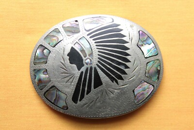 Belt Buckle Metal Abalone Inlay Indian Chief Head Native American Johnson & Held Indian Chief Abalone & Turquoise Inlay  main image 3
