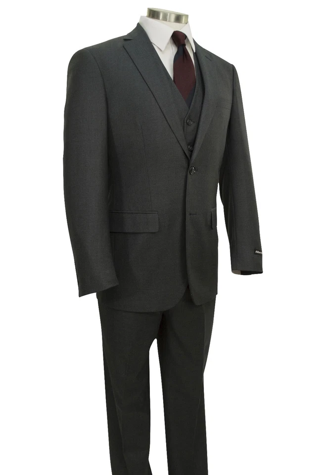 Men's Charcoal Gray Textured 3pc 2 Button Slim-Fit Suit w/ Matching Vest NEW  - Image 3 of 4