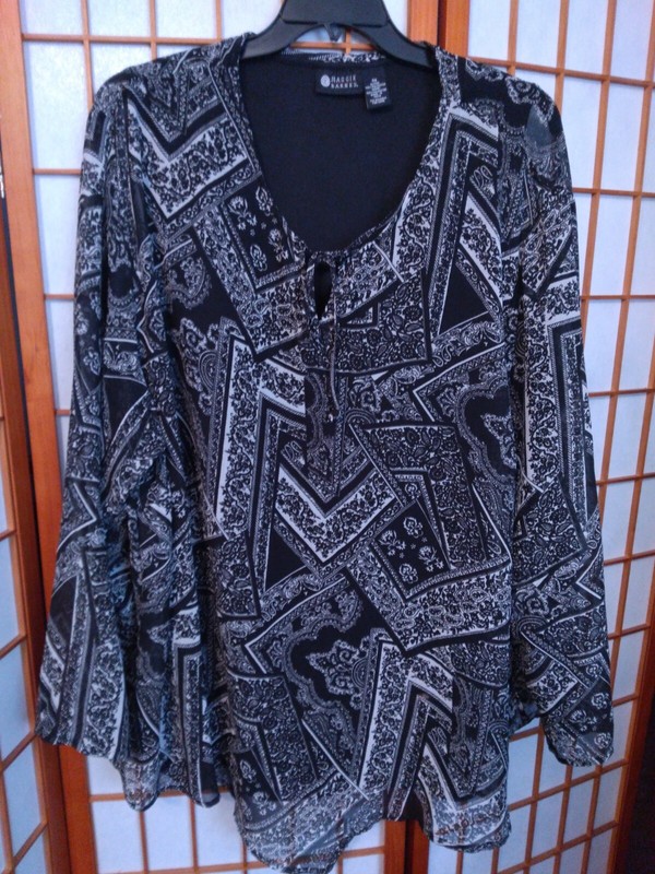 WOMENS MAGGIE BARNES PLUS SIZE 4X BLACK WHITE BLOUSE W/TANK LONG SLEEVE TIE NECK